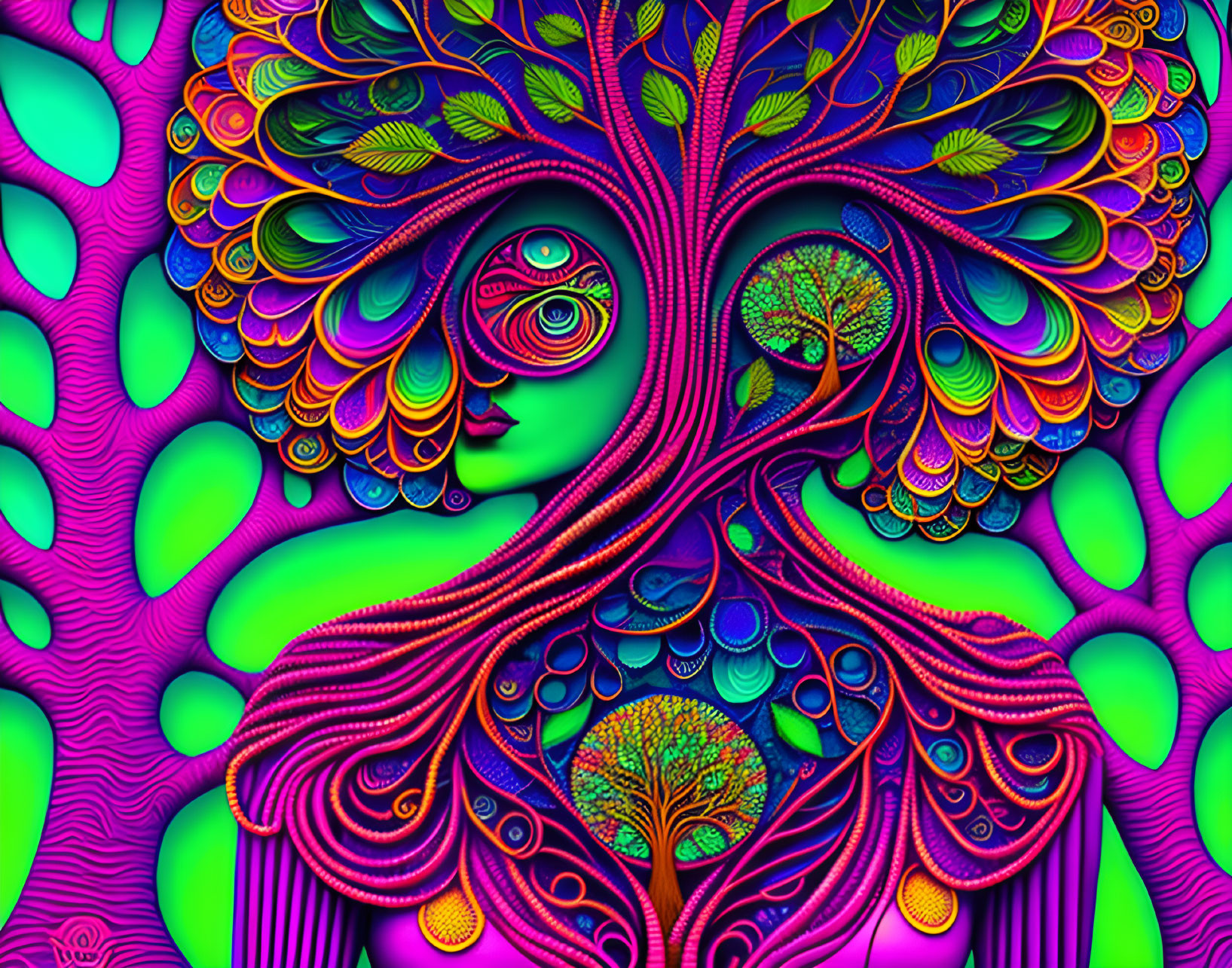 Colorful Psychedelic Illustration: Peacock and Woman's Face on Neon Background