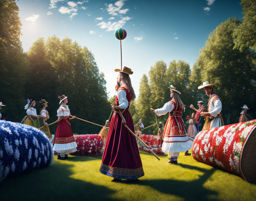 Traditional maypole dance by women in grassy field