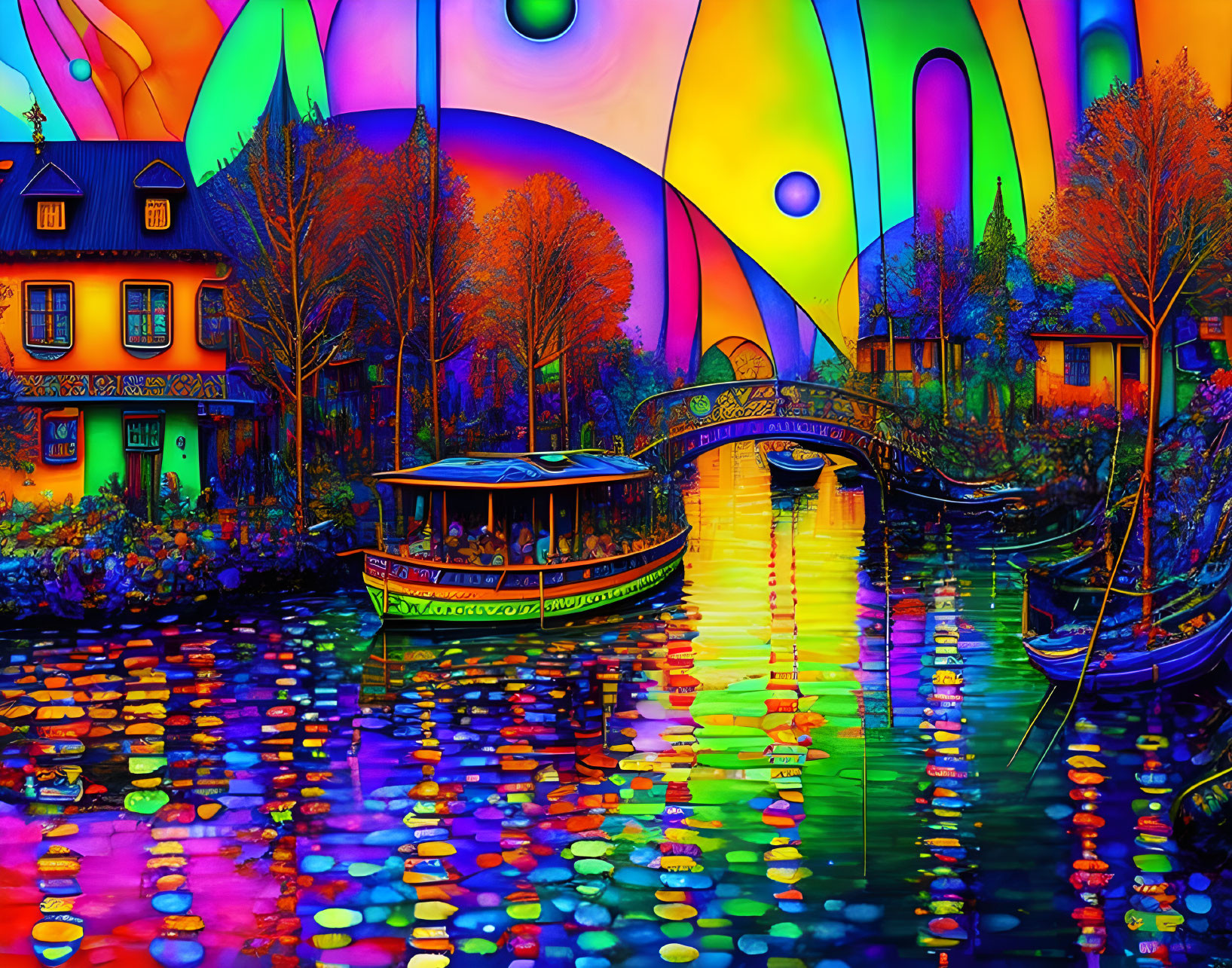 Colorful riverside painting with boat, bridge, and houses in surreal hues