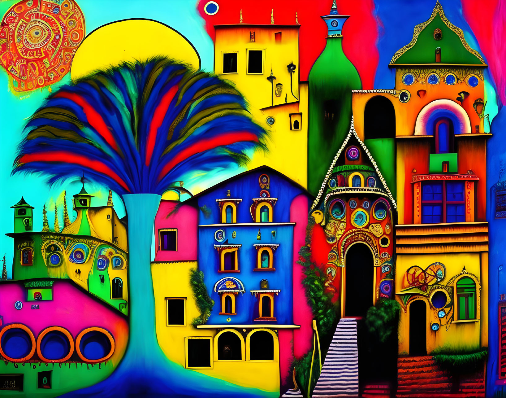 Colorful Surreal Artwork Featuring Buildings, Trees, and Sun