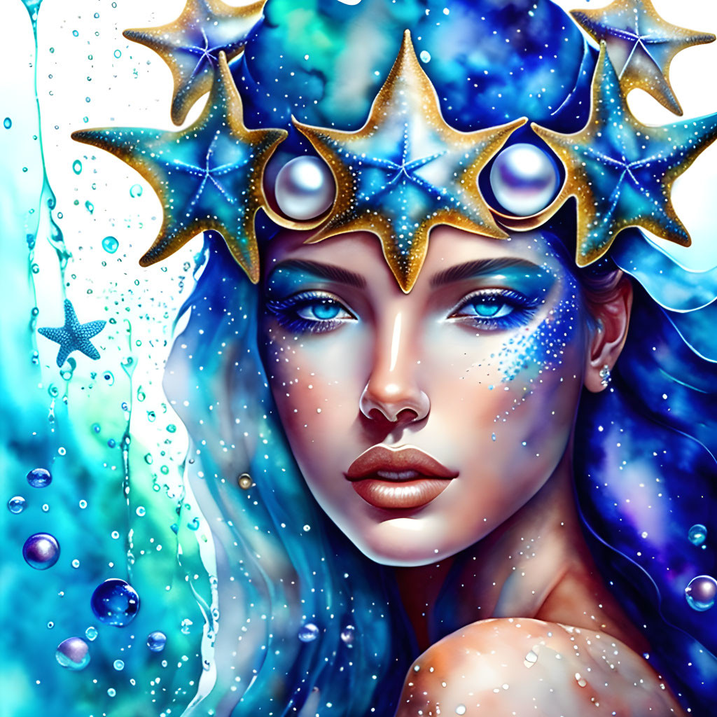 Fantastical illustration of woman with starfish crown and blue skin