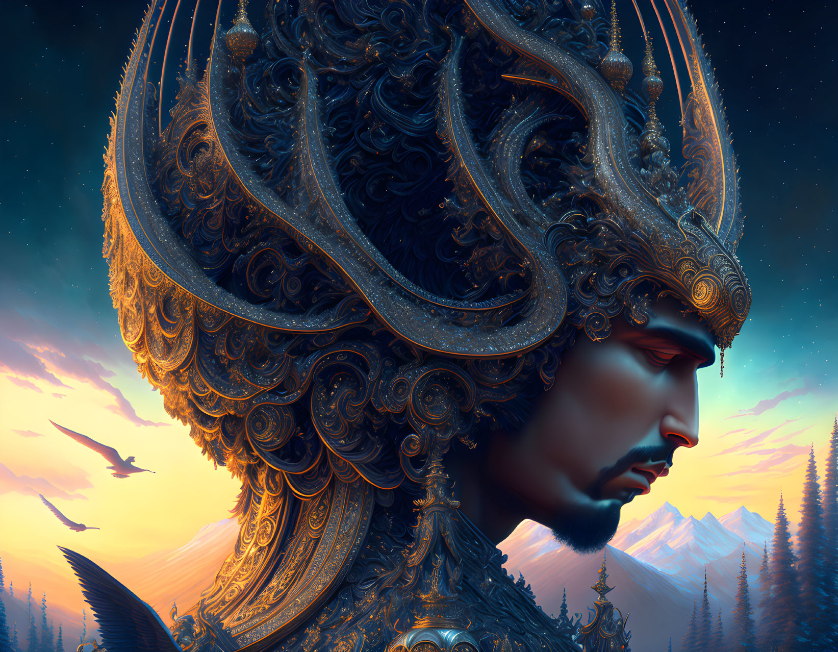 Detailed digital artwork: person in ornate helmet, serene expression, twilight sky, distant mountains, birds