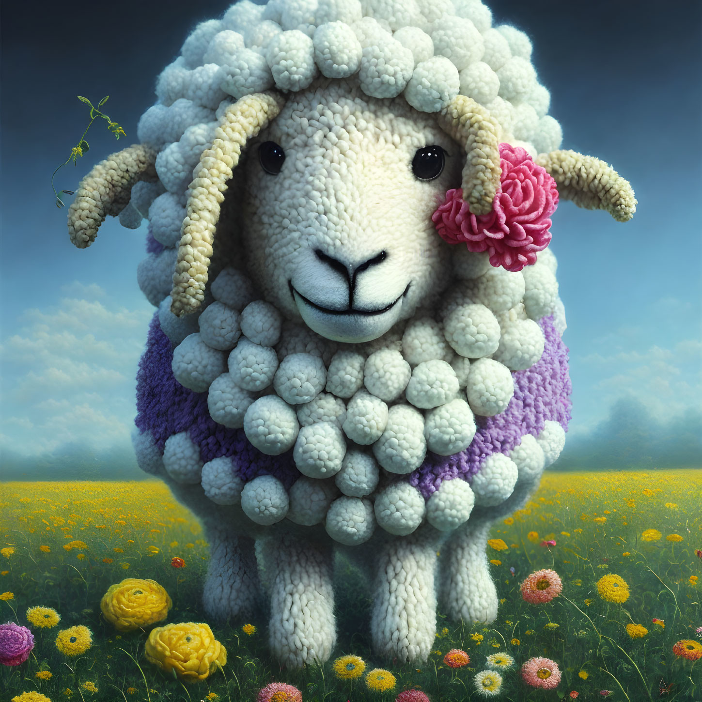 Cheerful fluffy sheep with pink flower in sunny flower field