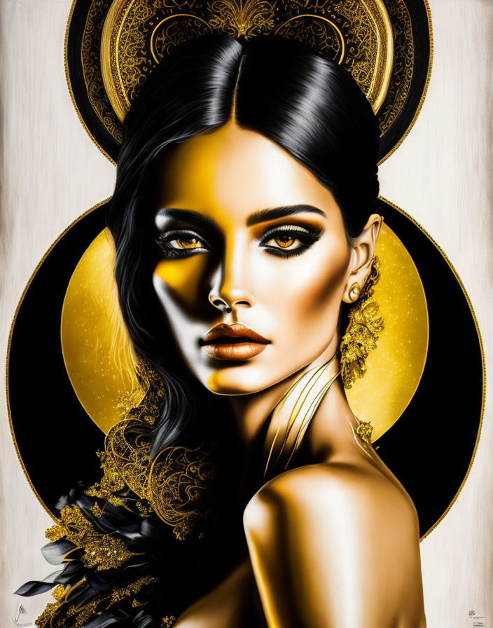 Stylized portrait of woman with dark hair and striking makeup framed by golden halo and intricate patterns