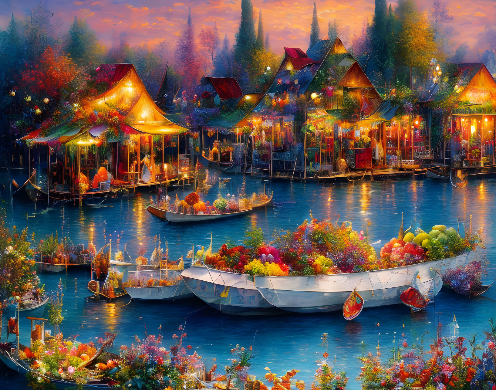 Colorful Riverside Market with Boats, Tents, and Houses at Dusk