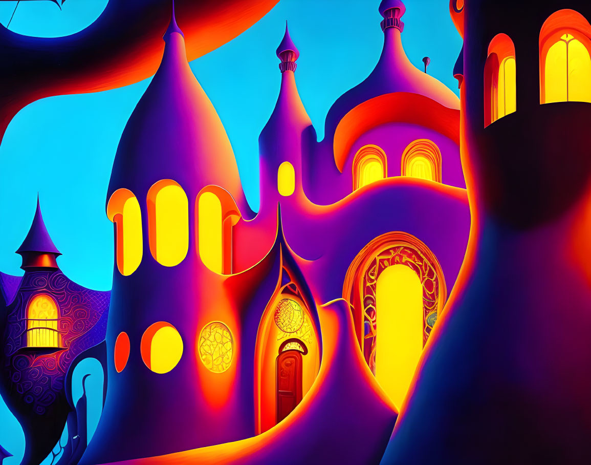 Fantastical palace digital art in blue and orange hues