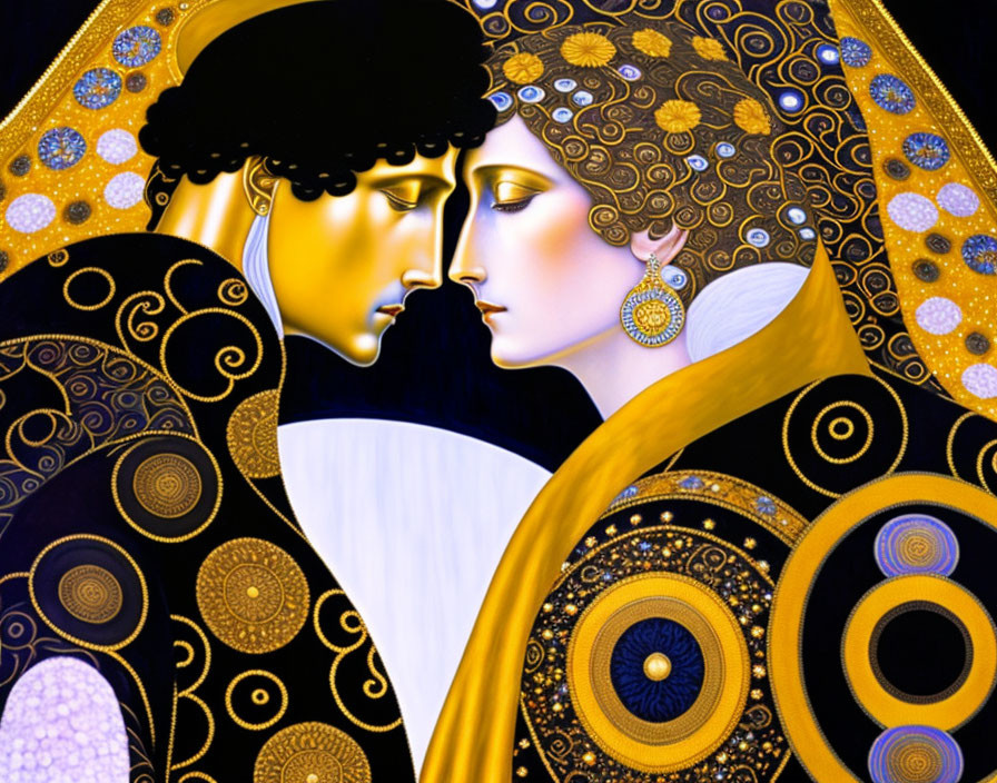 Art Nouveau Style Painting of Two Figures Embracing in Ornate Patterns