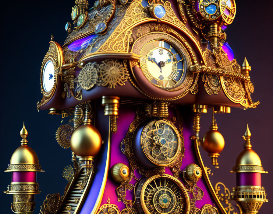 Detailed Steampunk Clock with Gears on Purple and Gold Background