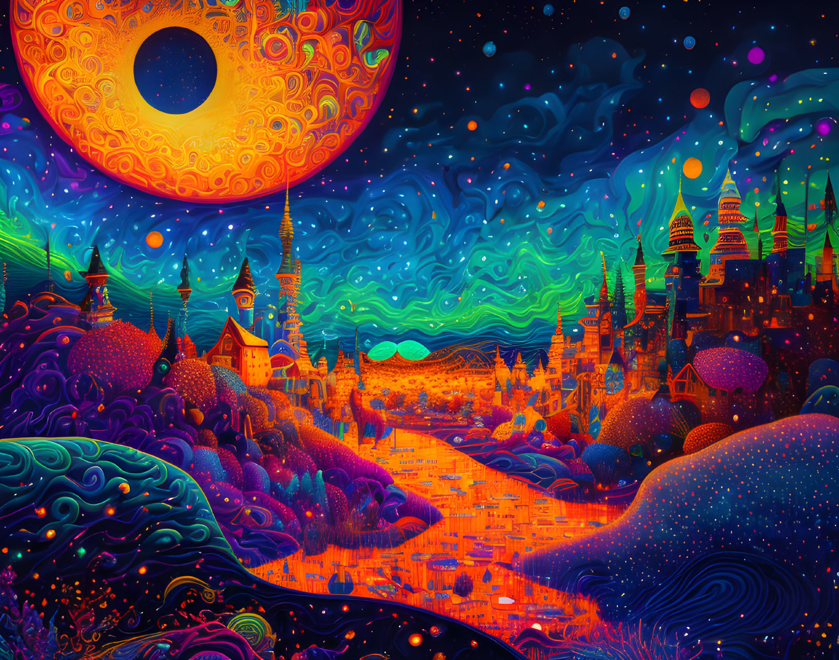 Colorful Psychedelic Landscape with Orange Moon and Patterned Hills