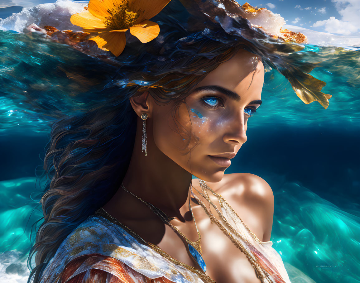 Blue-skinned woman with oceanic and floral elements in surreal portrait