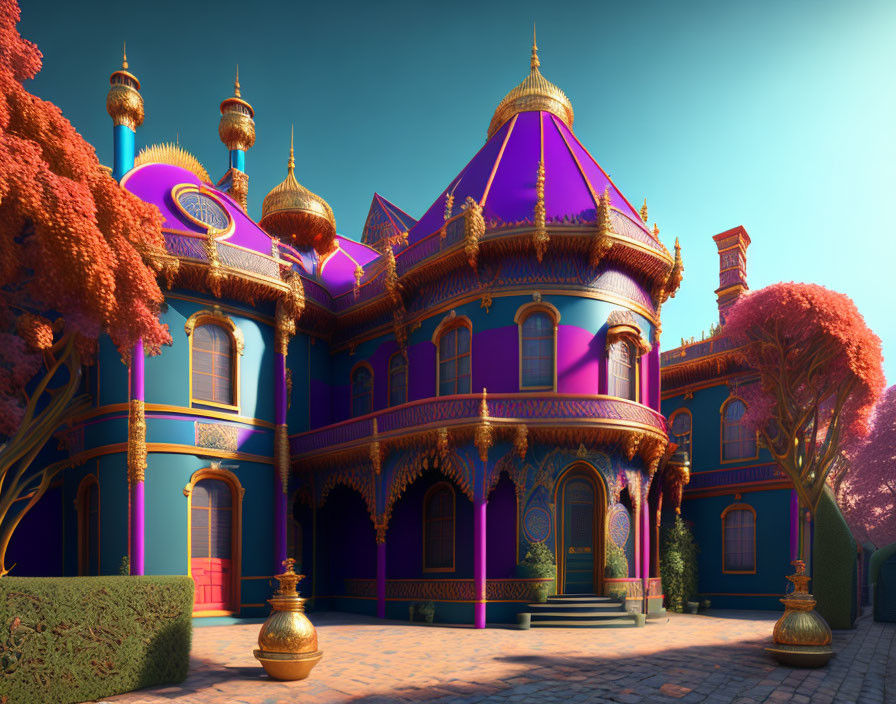 Fantasy palace with purple and blue hues, golden accents, surrounded by surreal landscape.