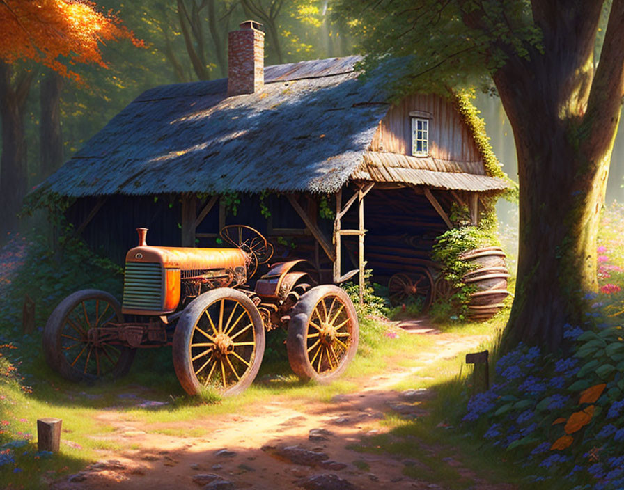 Rustic wooden cabin and old tractor in serene autumn forest