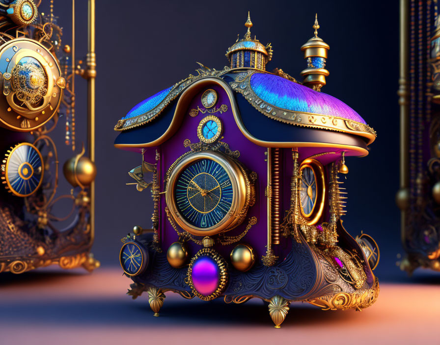 Intricate Steampunk Clock with Blue and Purple Hues