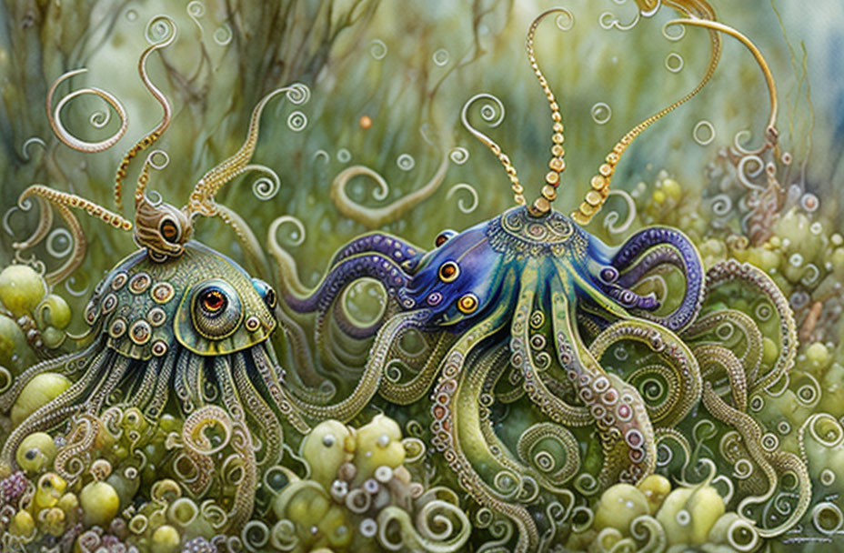 Ornate stylized octopuses in surreal underwater scene