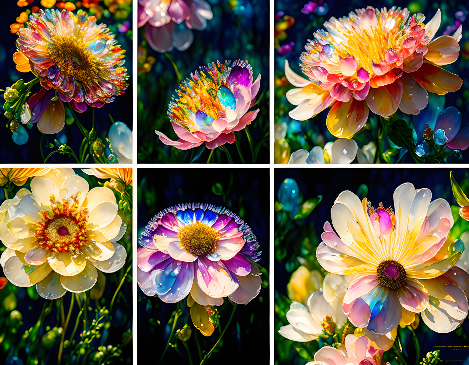 Vibrant dew-covered flowers in white and pink hues under sunlight with bokeh effect