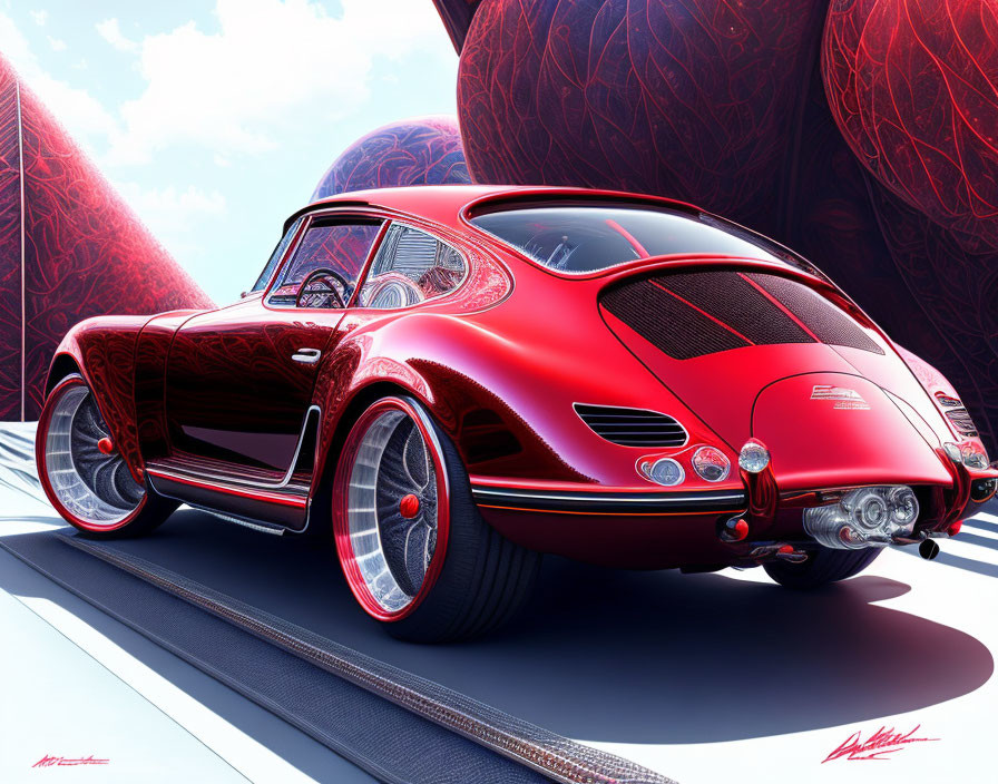 Vintage red car on futuristic road with red spherical structures