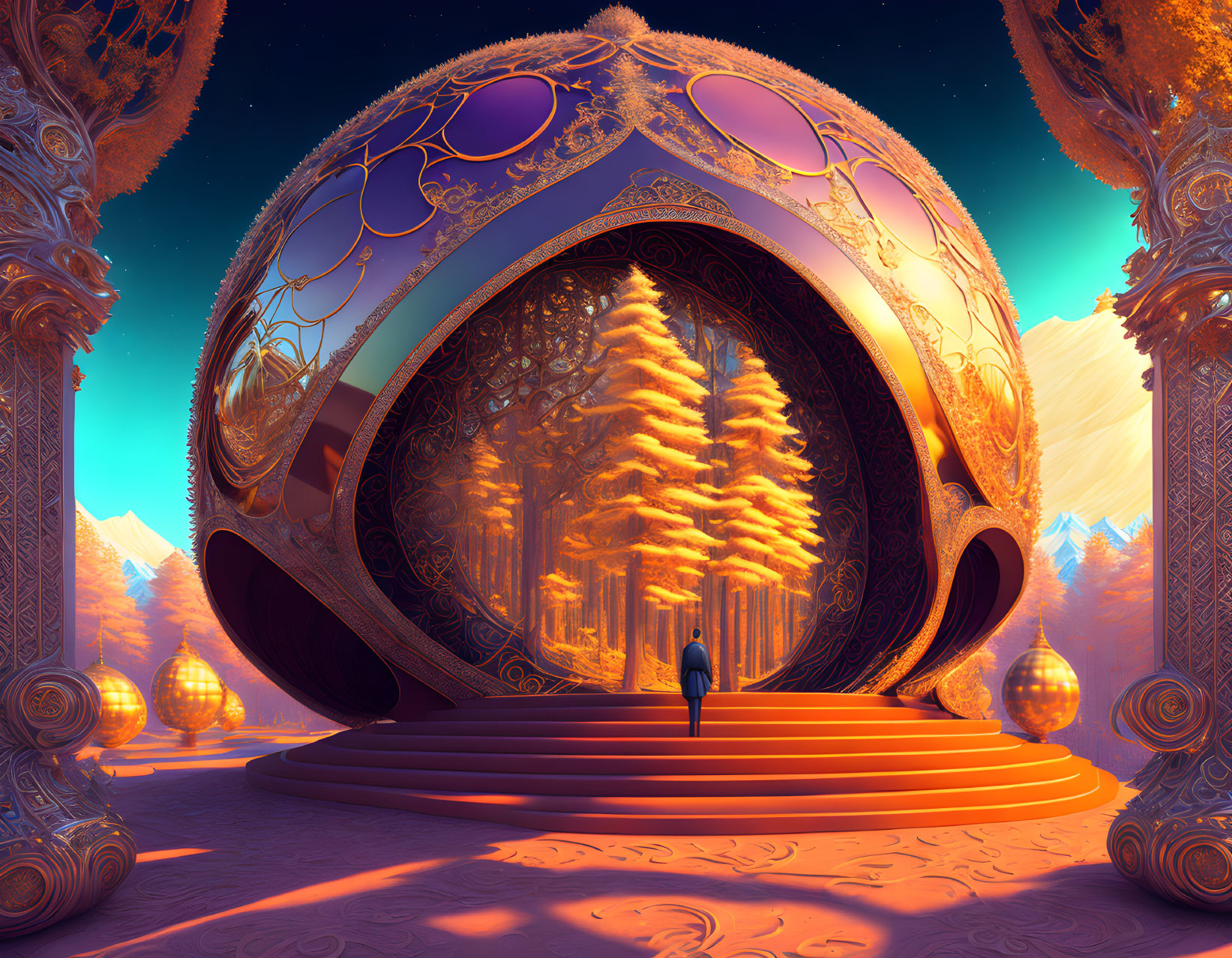 Person standing at ornate futuristic gateway to golden forest at dusk