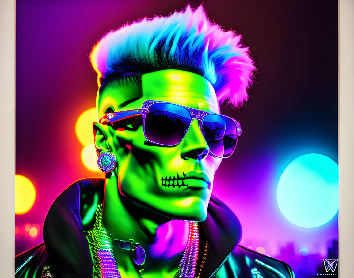 Colorful digital artwork: Neon punk style with fluorescent hair, sunglasses, and glowing accessories