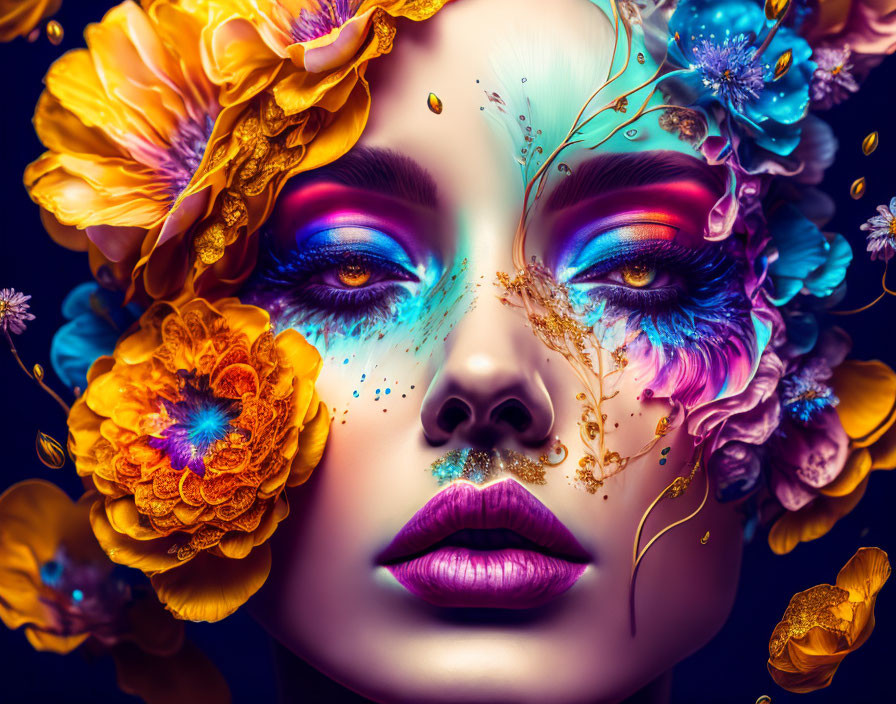 Colorful floral motifs and glitter embellish woman's face on dark background