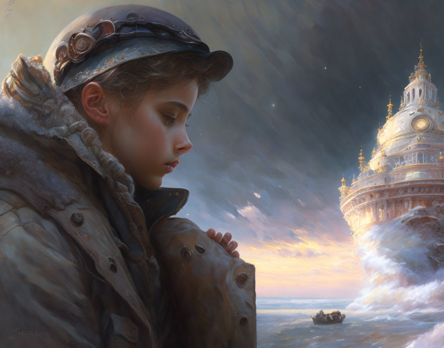 Young girl in aviator gear gazes at sunlit steampunk tower and airship