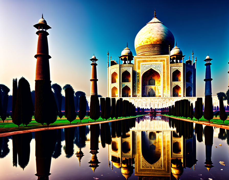 Iconic Taj Mahal Reflection in Tranquil Waterway at Dusk