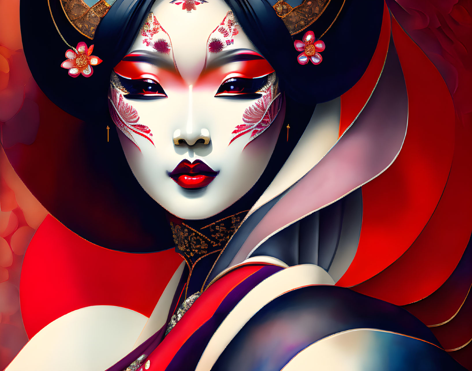 Colorful digital artwork featuring a woman in red and black headwear and floral robe