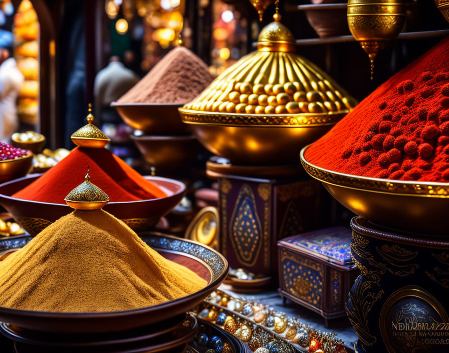 Colorful spices and ornate metal containers in a traditional market setting