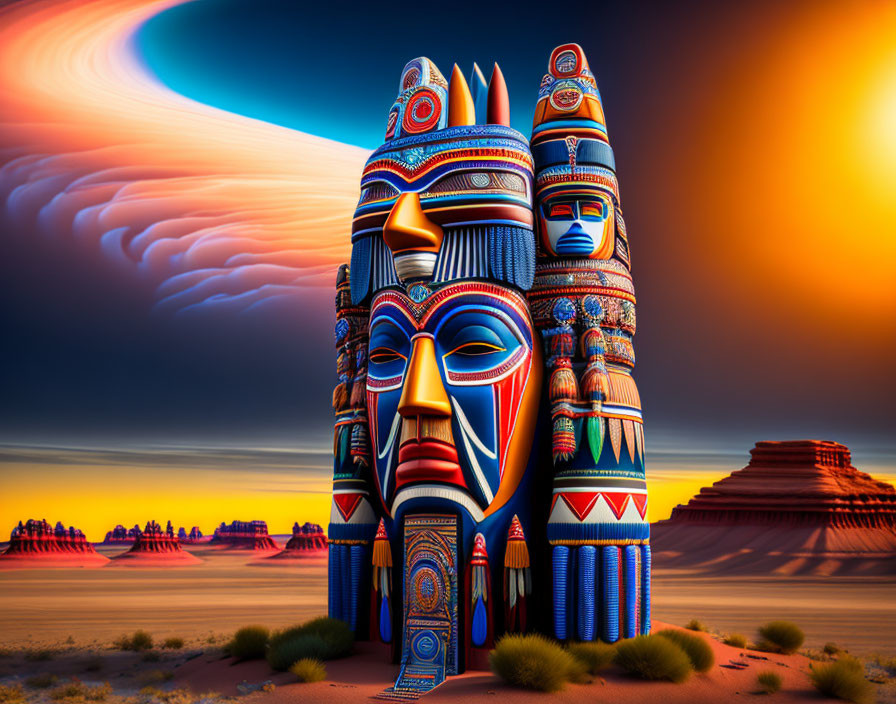 Vibrant Totem Poles in Surreal Desert Sunset