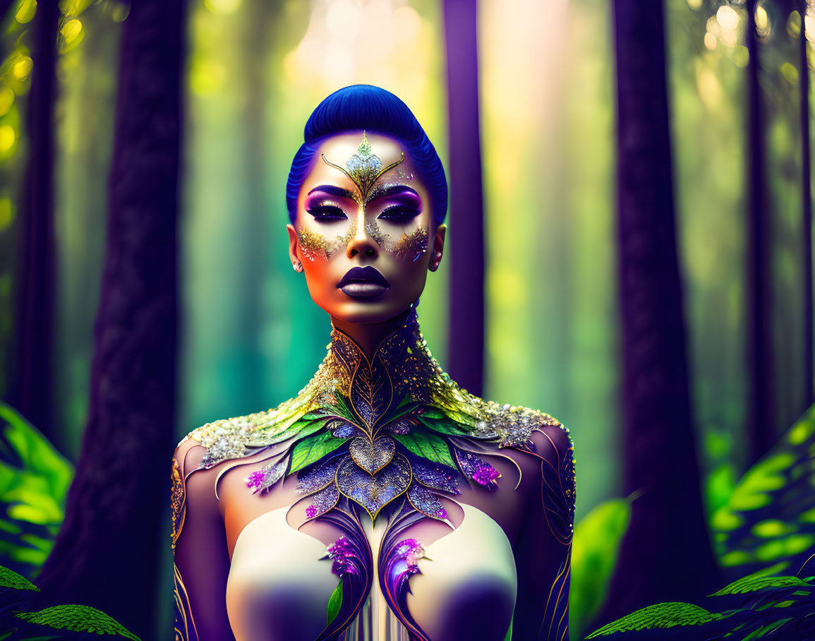 Fantasy-themed digital artwork of a woman in elaborate makeup and costume