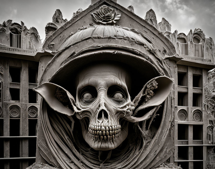 Skull with Bat-Like Wings in Ornate Frame on Building Facade