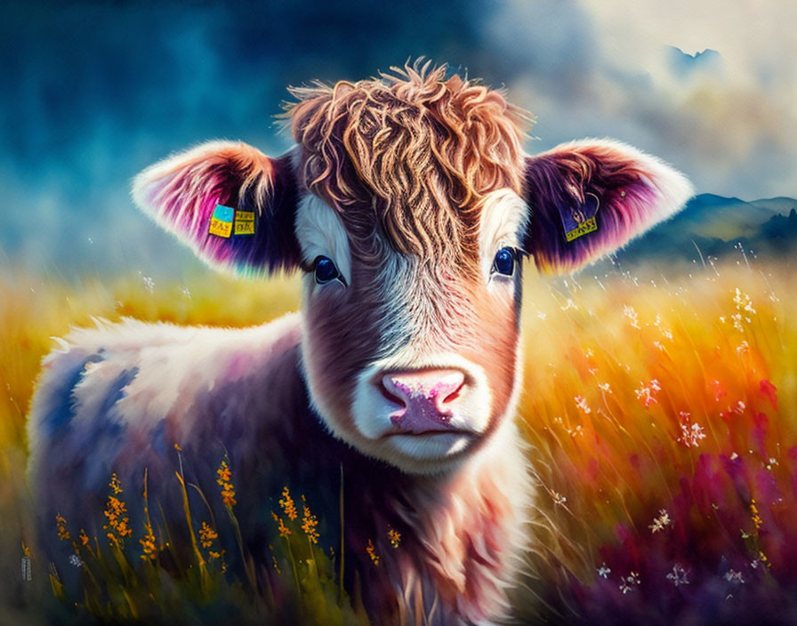 Brown curly-coated calf with ear tags in colorful flower meadow.