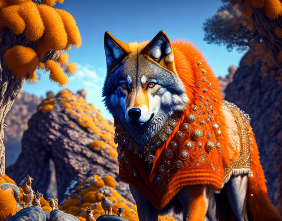 Majestic wolf in ornate orange cloak amid golden landscape