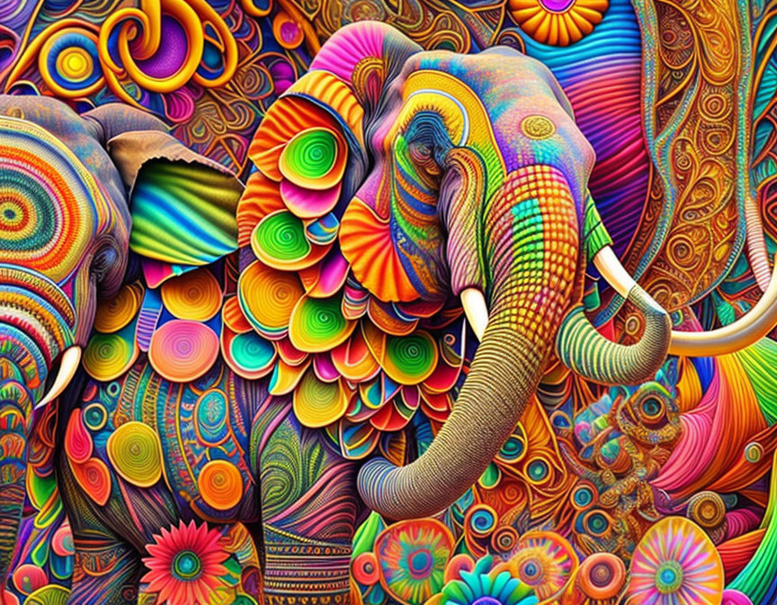 Colorful psychedelic elephant artwork with intricate patterns