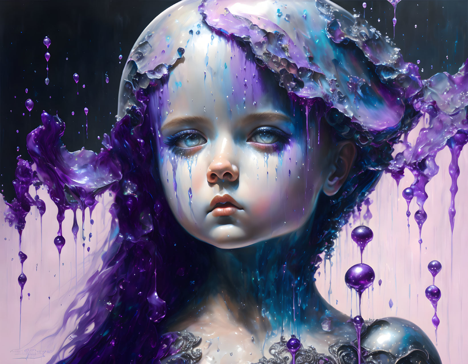 Surreal portrait of young girl with purple liquid hair and gleaming orbs