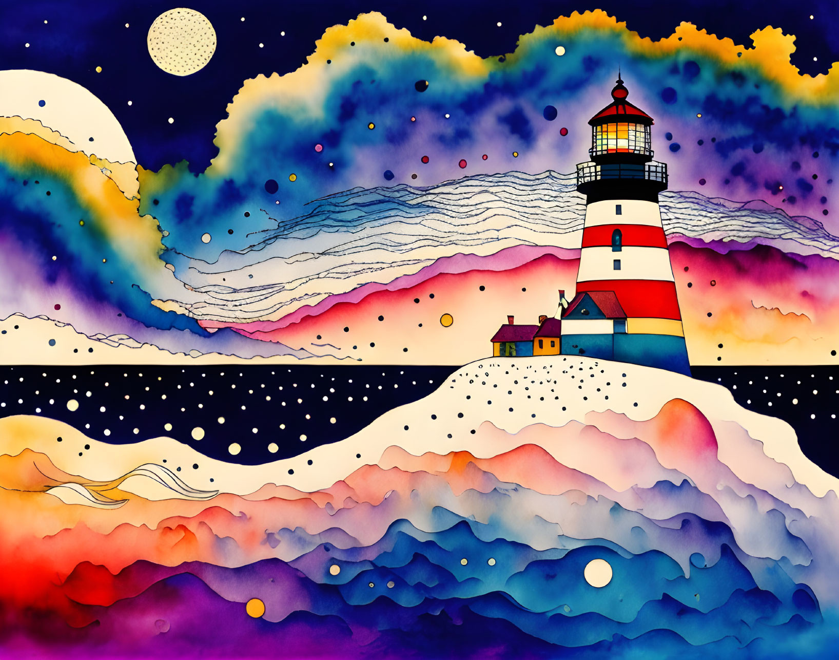 Vibrant lighthouse illustration with colorful, wavy patterns and starry sky.