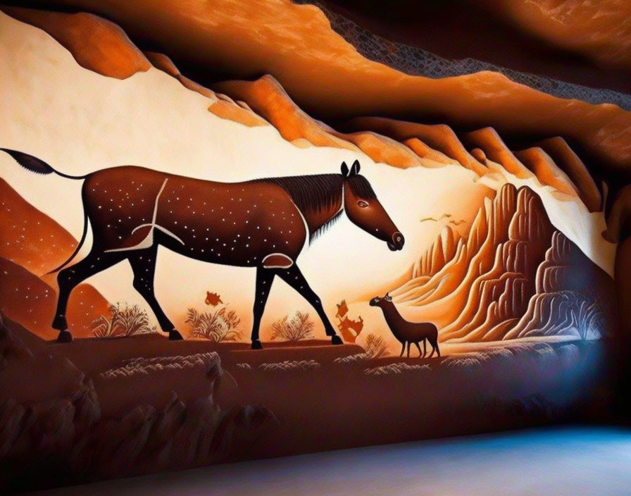 Stylized horse and dog mural on orange cave backdrop