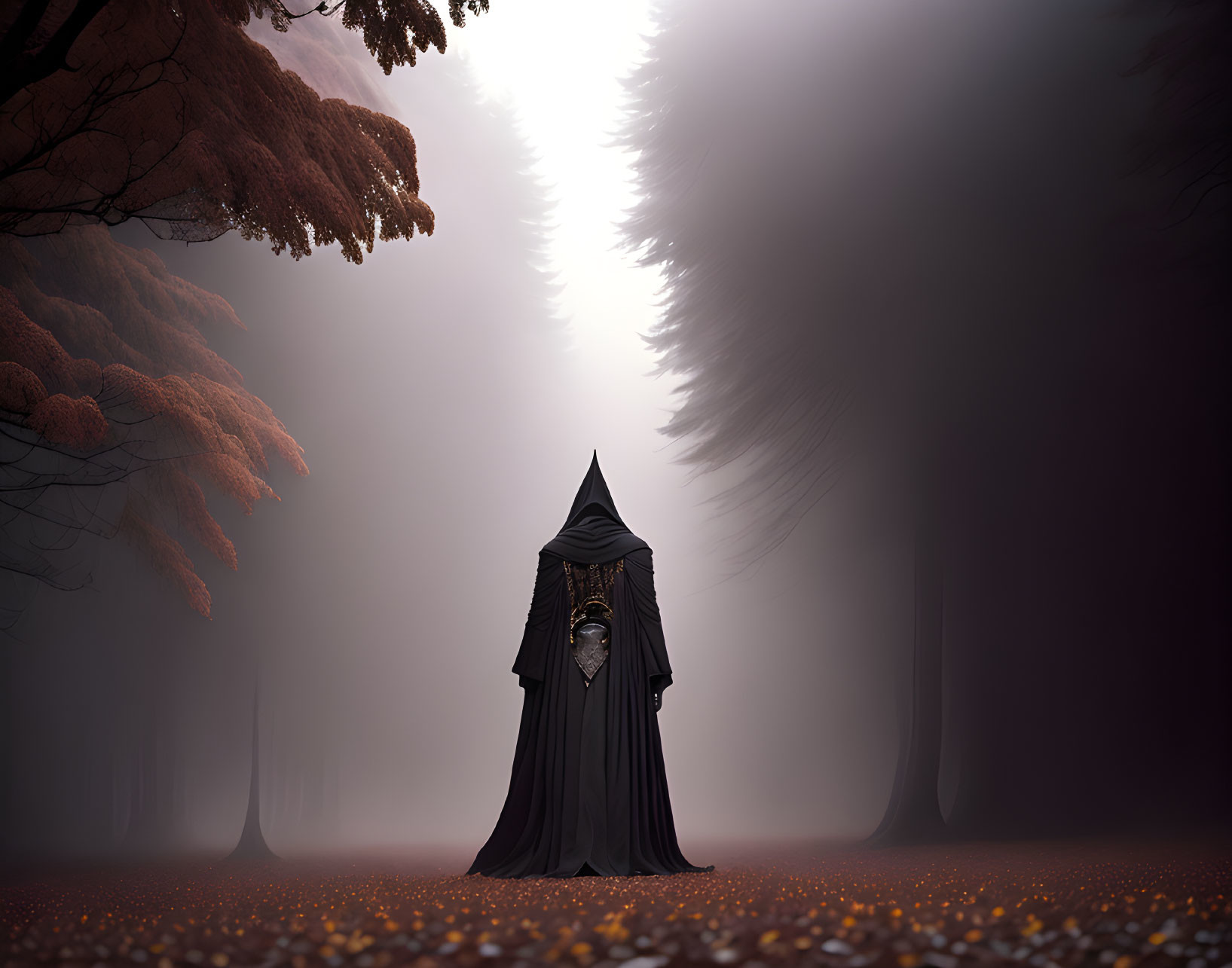 Mysterious Figure in Black Cloak in Foggy Autumn Forest