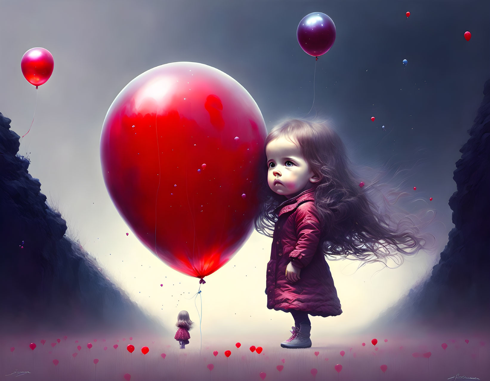 Child in red coat with giant balloon in surreal landscape