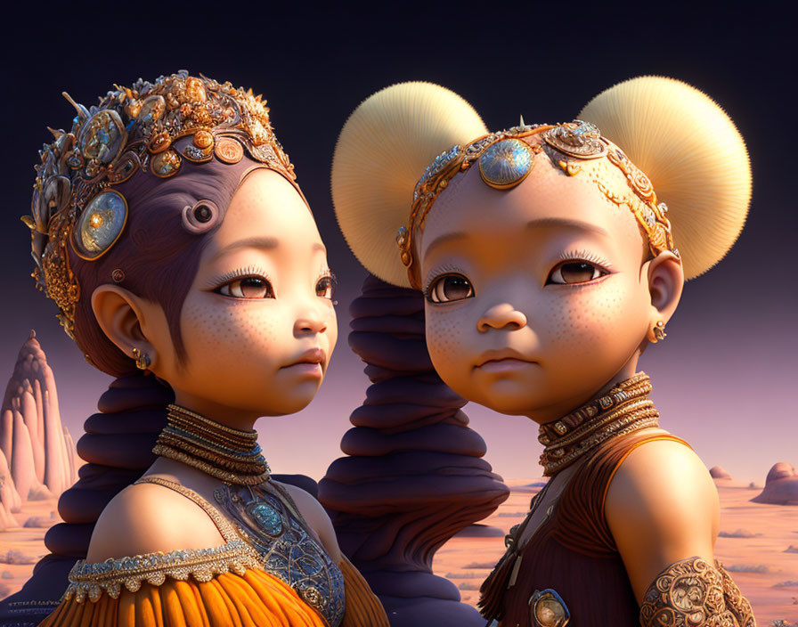 Stylized anthropomorphic characters in orange and bronze attire against desert backdrop