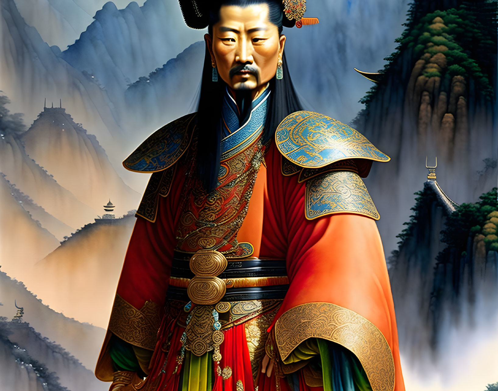 Traditional Chinese armor noble figure in misty mountain landscape.