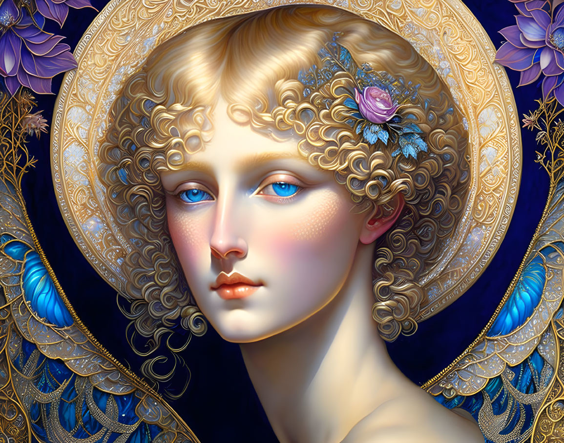 Illustration of woman with golden curly hair, halo, blue flowers, and feathers.