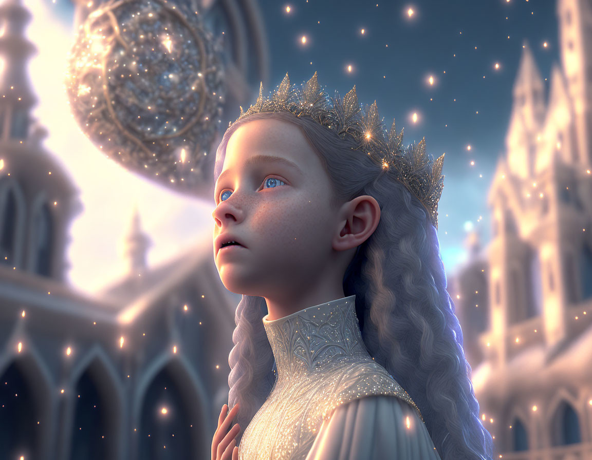 Young girl with crown gazes at glowing orb in fantastical setting