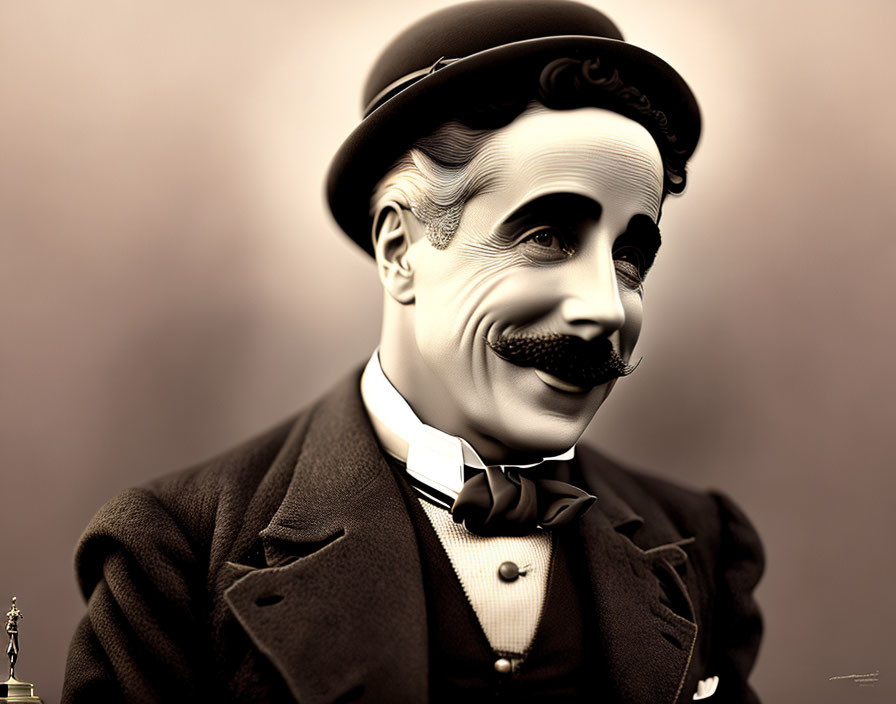 Sepia-toned artwork of a man with bowler hat, mustache, and bow tie