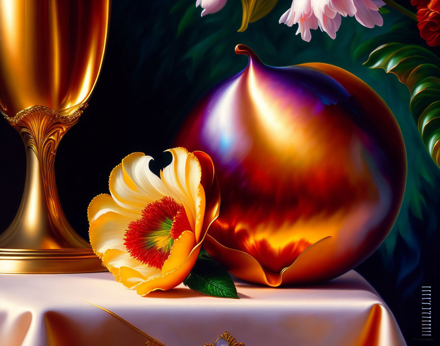 Golden goblet, ripe fig, and open tulip in still life painting