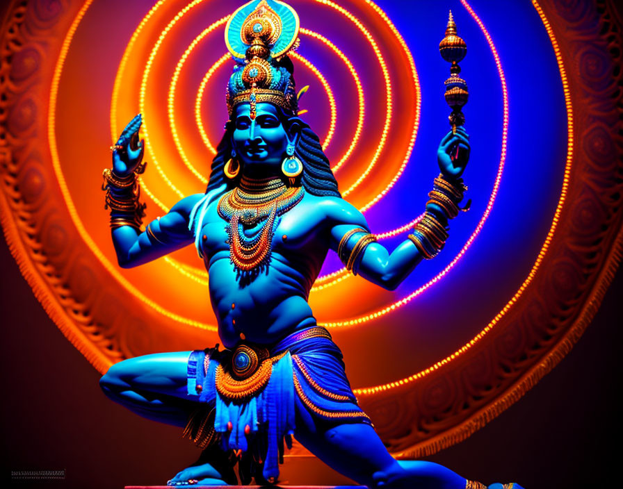 Blue multi-armed Lord Shiva idol dancing with orange light patterns