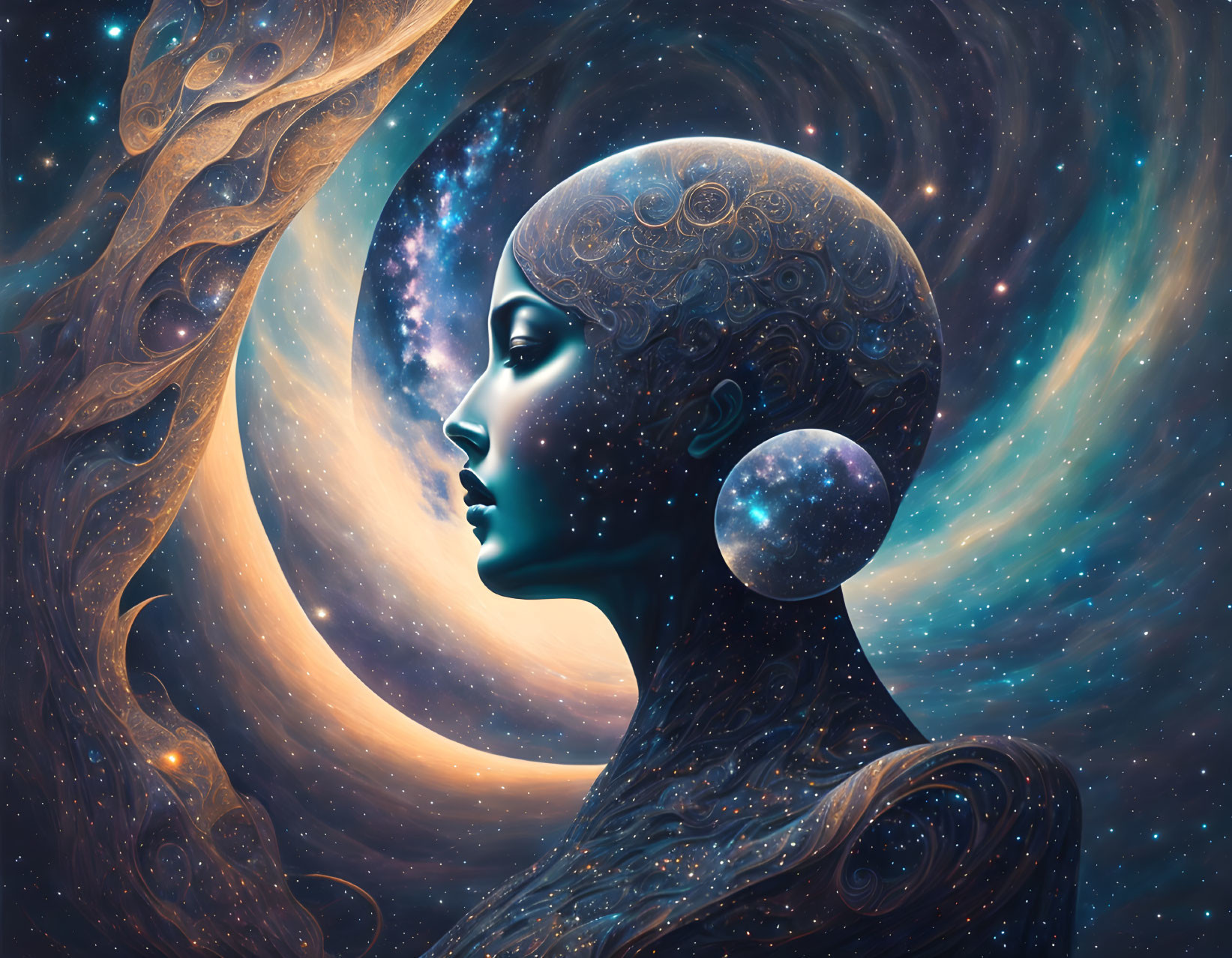 Surreal cosmic-themed woman illustration with galaxy backdrop