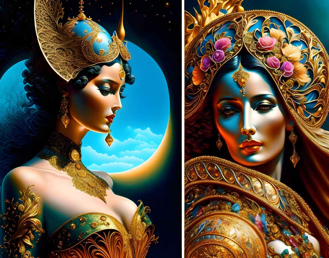 Ornate female portraits with vibrant colors and intricate headdresses