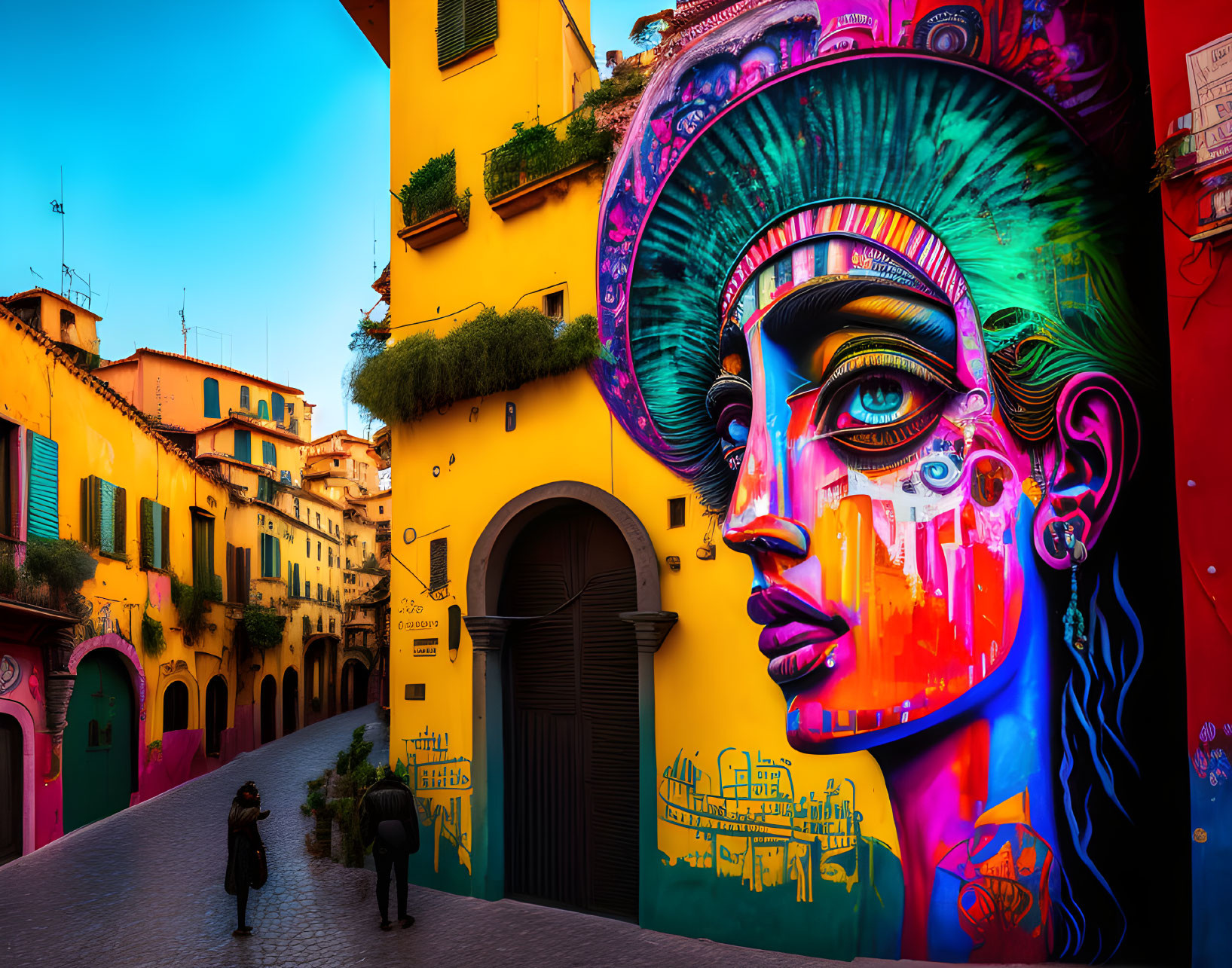 Colorful woman's face mural in alleyway with yellow buildings and passerby