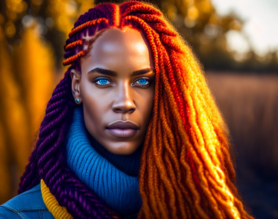 Person with Blue Eyes and Colorful Braided Hair in Autumn Setting