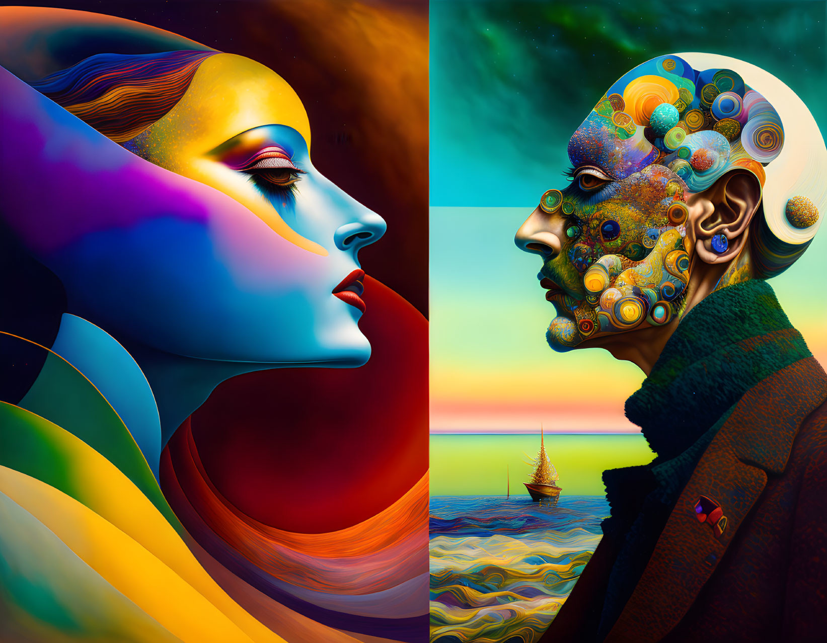 Colorful surreal faces in profile with contrasting themes and dreamy seascape background.